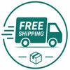 A teal and white vector graphic featuring a delivery truck with the words 'FREE SHIPPING' inside a circular border, with a small box icon below.