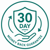 A circular teal graphic on a white background with a shield icon, the text '30 DAY', arrows, and a hand beneath, plus the phrase 'MONEY BACK GUARANTEE' along the bottom curve.