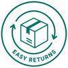 A teal circular graphic with a box icon in the center, arrows around it, and the words 'EASY RETURNS' on a white background.