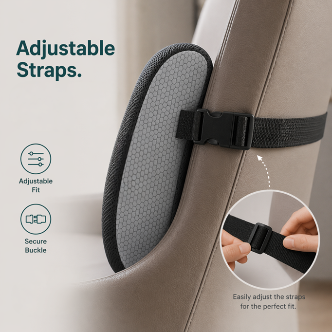 Car seat with adjustable straps and text highlighting features