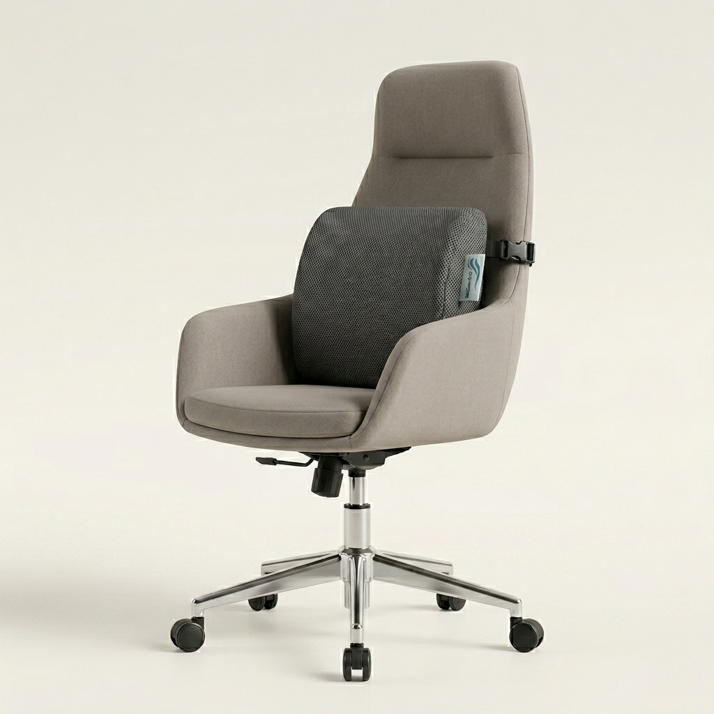 Gray office chair with a backrest pillow on a beige background