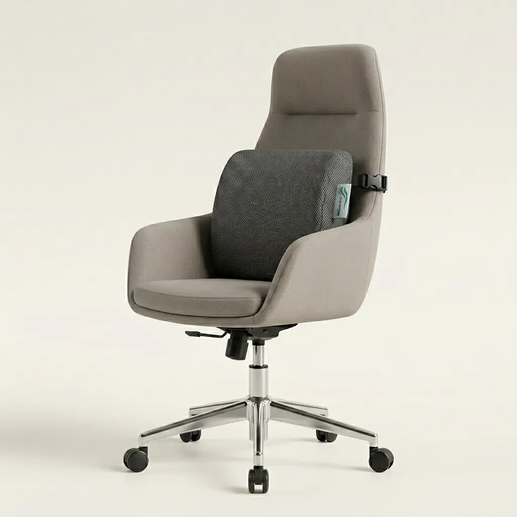 Gray office chair with a backrest pillow on a beige background
