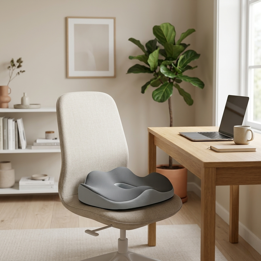 Gray cushion on a chair in a home office setting with a desk and laptop.