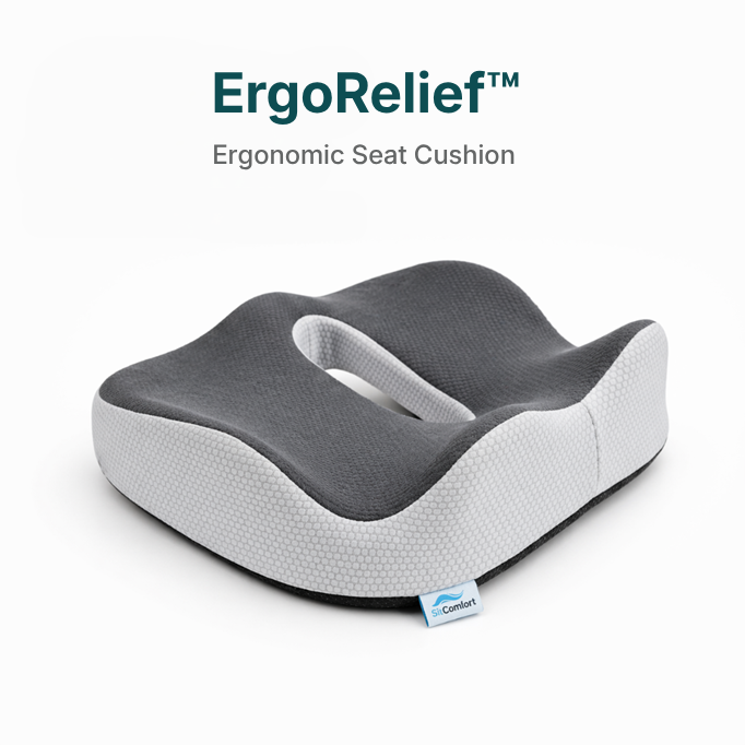 Ergonomic seat cushion with ErgoRelief branding on a white background