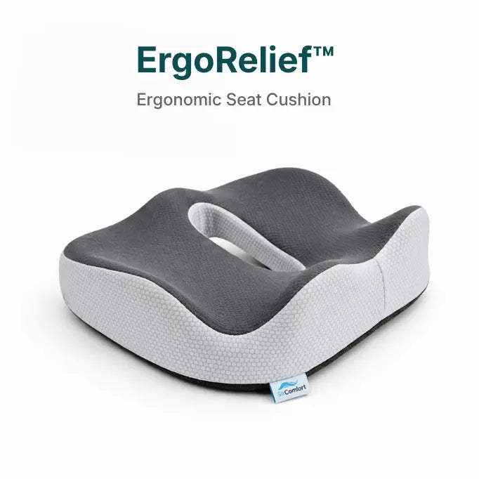 Ergonomic seat cushion with ErgoRelief branding on a white background