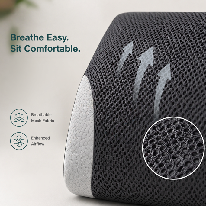 Gray mesh pillow with text 'Breathe Easy. Sit Comfortable.' and product features on a light background.