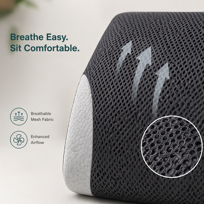 Gray mesh pillow with text 'Breathe Easy. Sit Comfortable.' and product features on a light background.