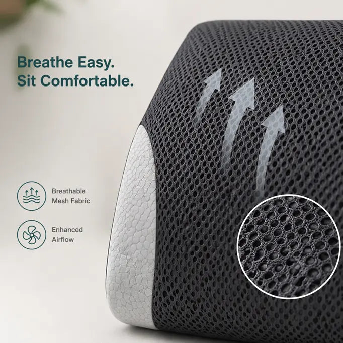 Gray mesh pillow with text 'Breathe Easy. Sit Comfortable.' and product features on a light background.