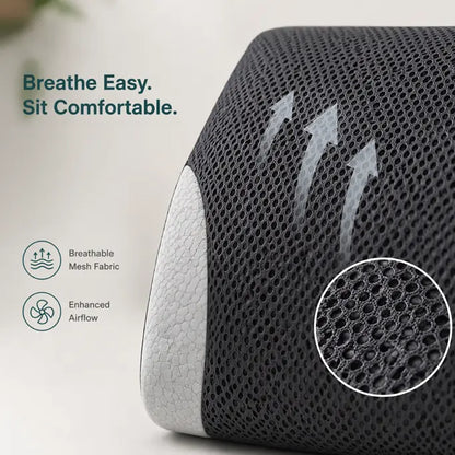 Gray mesh pillow with text 'Breathe Easy. Sit Comfortable.' and product features on a light background.