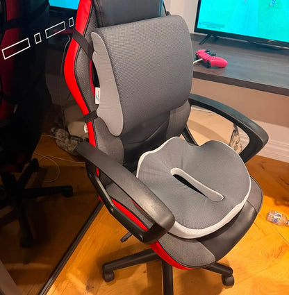 ErgoRelief seat cushion and LumbarEase lumbar support fitted to a red and black gaming chair