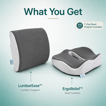 A promotional product graphic showing a dark gray lumbar support pillow and a matching gray and white ergonomic seat cushion on a pale teal background, with the headline 'What You Get' and callout labels for LumbarEase and ErgoRelief.
