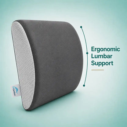 A curved lumbar support pillow in dark gray with a white honeycomb-textured side, shown on a light teal background with the text 'Ergonomic Lumbar Support' and a small visible 'Ergonomic Lumbrar Support' tag.