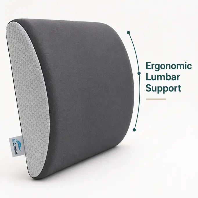 Ergonomic lumbar support pillow with Comfort label on a white background