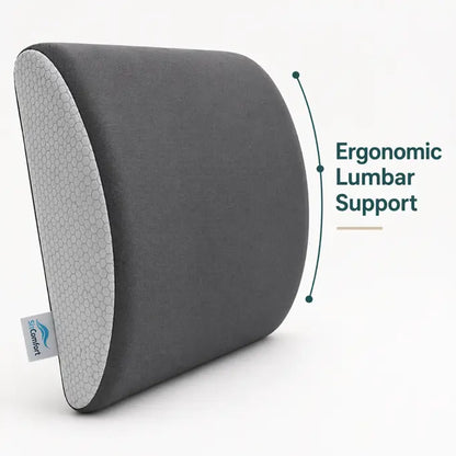 Ergonomic lumbar support pillow with Comfort label on a white background