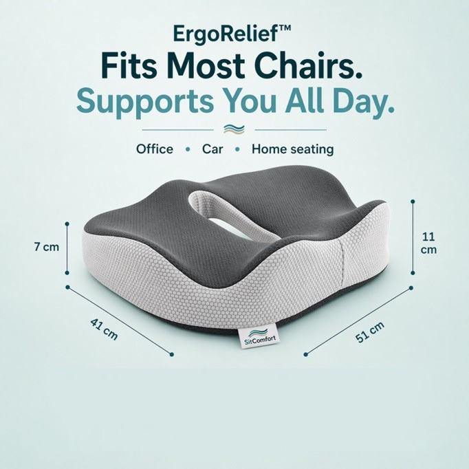 Ergonomic seat cushion with dimensions and features on a light blue background