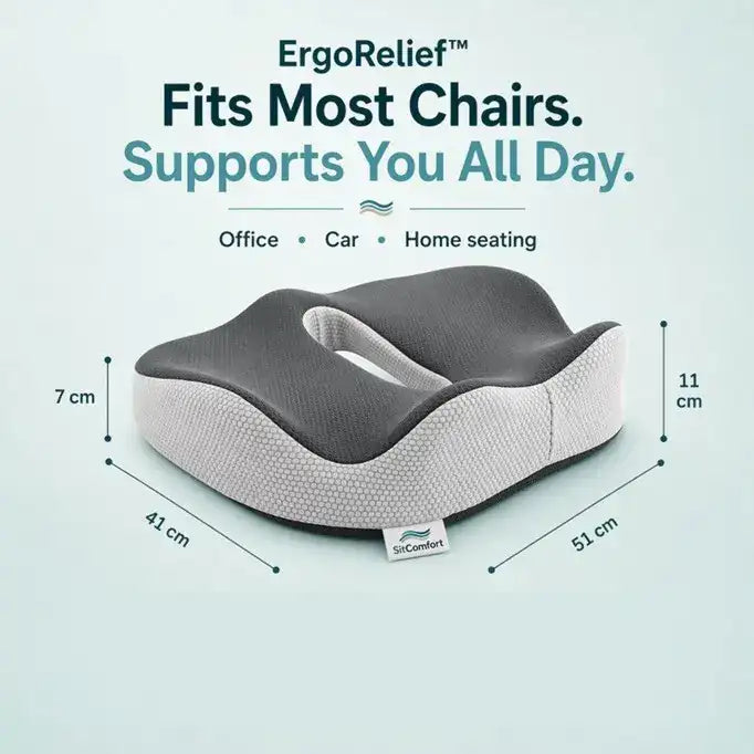 Ergonomic seat cushion with dimensions and features on a light blue background