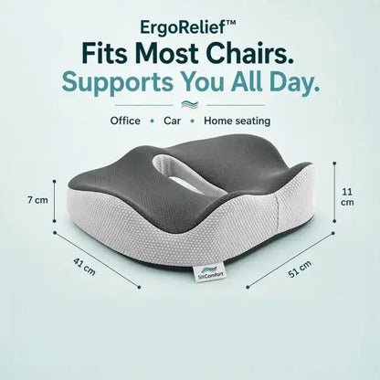 Ergonomic seat cushion with dimensions and features on a light blue background
