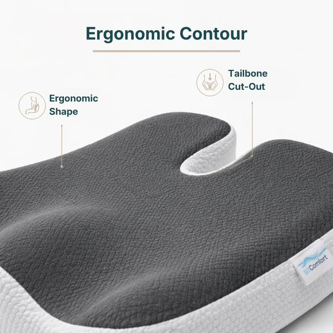 Ergonomic contour cushion with text highlighting features on a white background