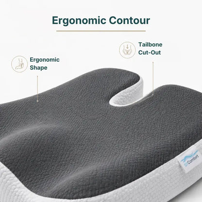 Ergonomic contour cushion with text highlighting features on a white background