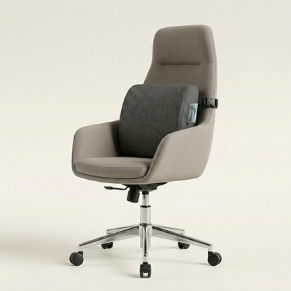 Gray office chair with a backrest pillow on a beige background