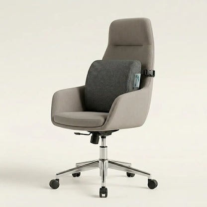 Gray office chair with a backrest pillow on a beige background