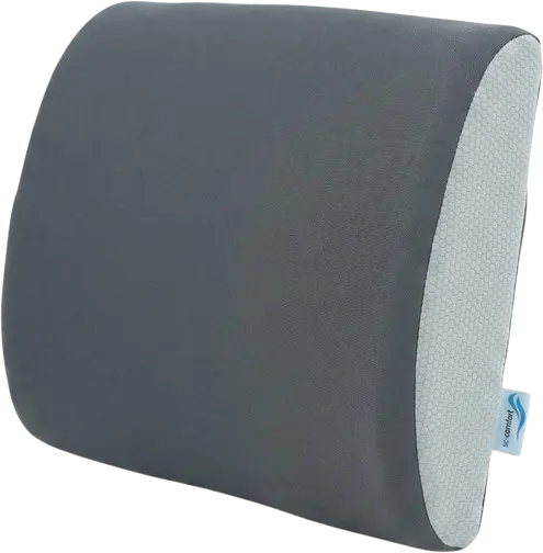 A curved lumbar support pillow in dark gray with a light gray textured inner side and a small blue and white tag on the edge.