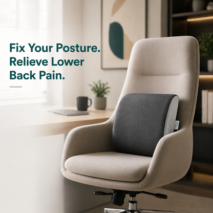 Beige office chair with a gray pillow, text 'Fix Your Posture. Relieve Lower Back Pain.' in a home office setting.