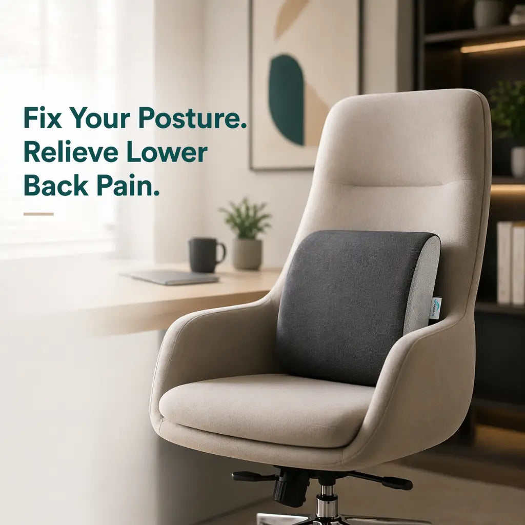 Beige office chair with a gray pillow, text 'Fix Your Posture. Relieve Lower Back Pain.' in a home office setting.
