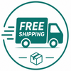 A teal and white vector graphic featuring a delivery truck with the text 'FREE SHIPPING' inside a circular border, with a small box icon below.