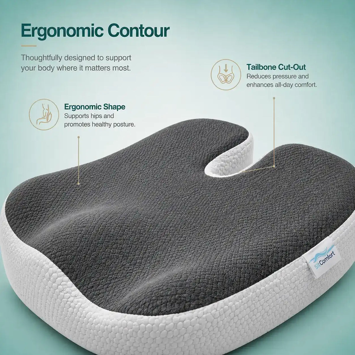 An ergonomic contour pillow shown on a light teal background with marketing callouts. The pillow has a dark gray textured top and a white textured side, with text and icons explaining features like ergonomic shape, tailbone cut-out, and pressure reduction.